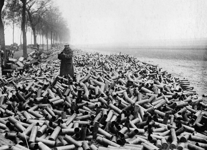 Mountains of shell cases on the roadside