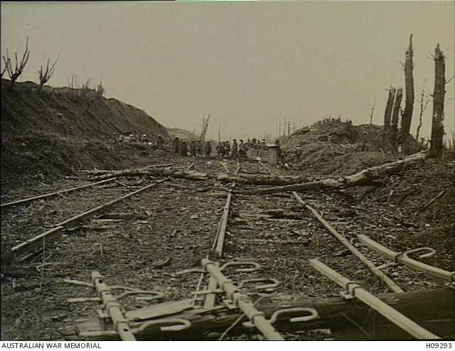 3.2.aa British Army soldiers inspecting a damaged railway line at Beaucourt
