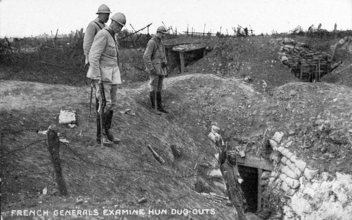 French generals examine captured German dug outs, Somme, 1916.