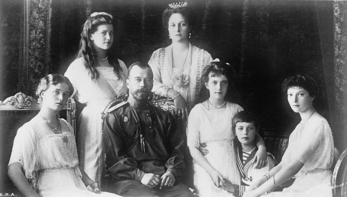 RUSSIAN ROYAL FAMILY. THE IMPERIAL FAMILY. SEATED: THE GRAND DUCHESS OLGA; THE CZAR; THEGRAND DUCHESS ANASTASIA; THE CZAREVITCH ALEXIS; THE GRAND DUCHESS TATIANA. STANDING: THE GRAND DUCHESS MARIE; THE CZARINA