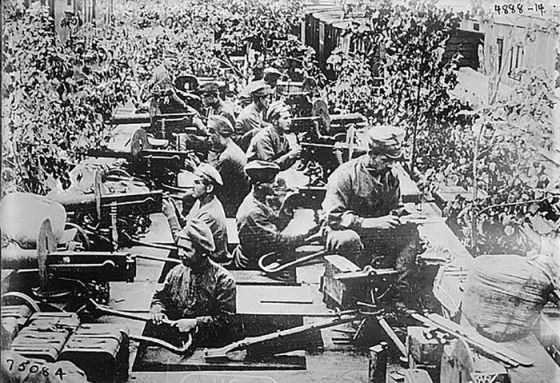 3.7bb Czechoslovakian soldiers man the guns atop of a troop train in Siberia